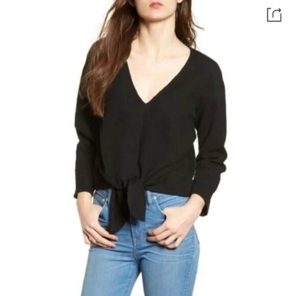 FINAL PRICE Madewell Textured Tie-Front Top Black V Neck 3/4 Sleeve - Picture 1 of 5